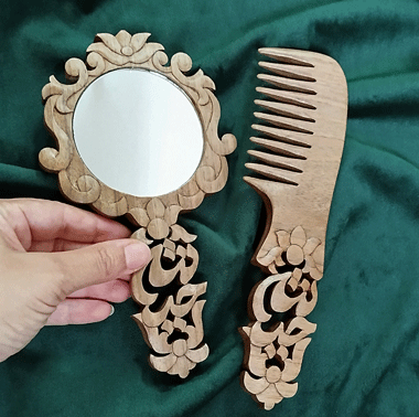 ست آینه و شانه چوبی دسته دار